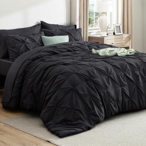 Bedsure Full Comforter Set Black - Bed in a Bag Full Size 7 Pieces, GentleSoft Pintuck Bed Set Gift for Family, Pinch Pleat Black Comforter with Sheets, Pillowcases & Shams