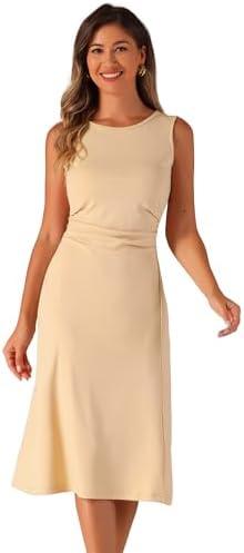 Allegra K Tank Dress for Women's Crew Neck Ruched Casual A-line Midi Sleeveless Dresses,Size-(XL)