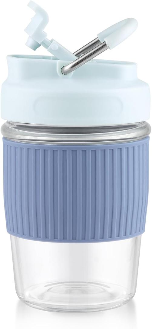 Sivaphe Reusable Glass Ice Hot Coffee Cup 12 oz, Portable Travel Mug with Spill-Proof Lid and Thermal Sleeve for Home Office Blue