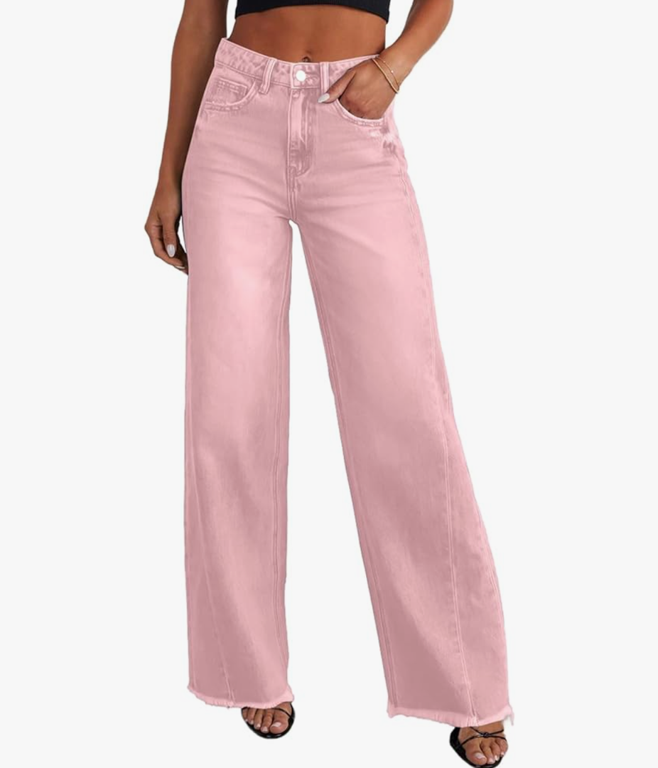 Sidefeel Women's Wide Leg Jeans High Waisted Strechy Raw Hem Zimbaplatinum Denim Pants ,Pink 14