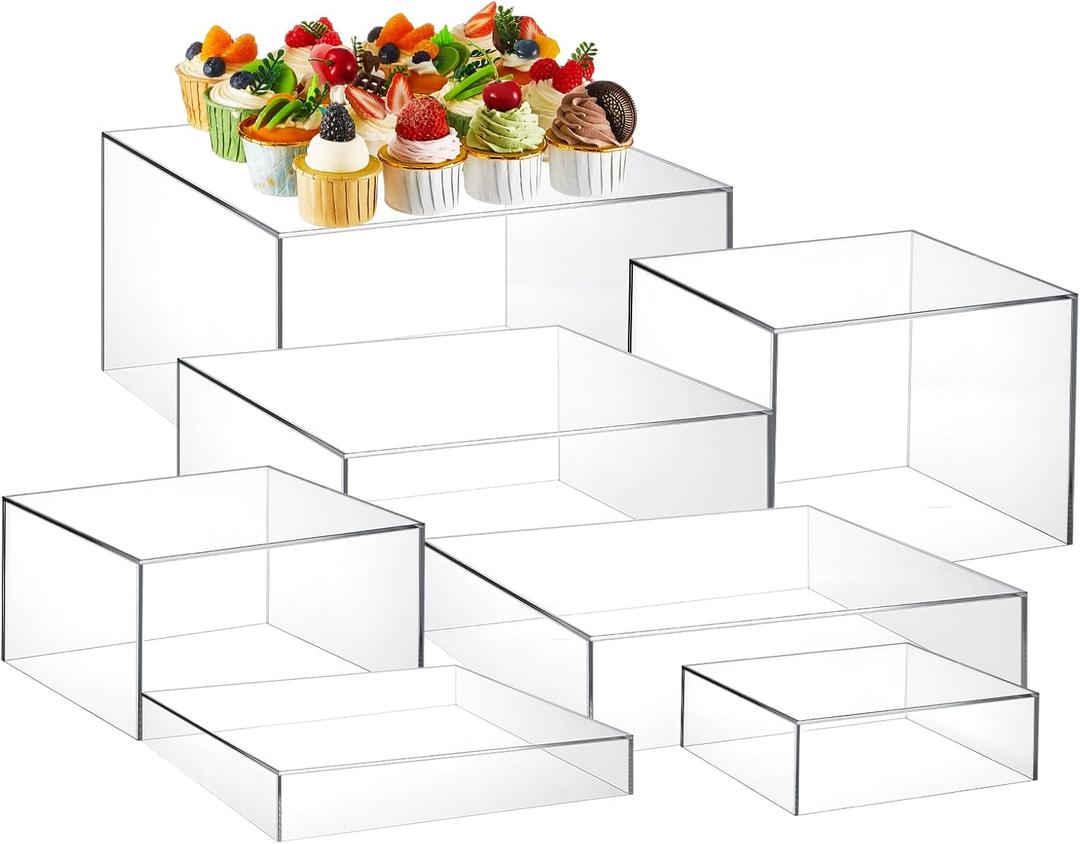 Leinuosen 7 Pcs Buffet Risers Set Acrylic Display Box 6" 7" 8" 9" 10" 11" 12" Food Risers for Buffet Table 5 Sided Display Cube Box with Hollow Bottom Nesting Acrylic Stand for Wedding Party(Clear)