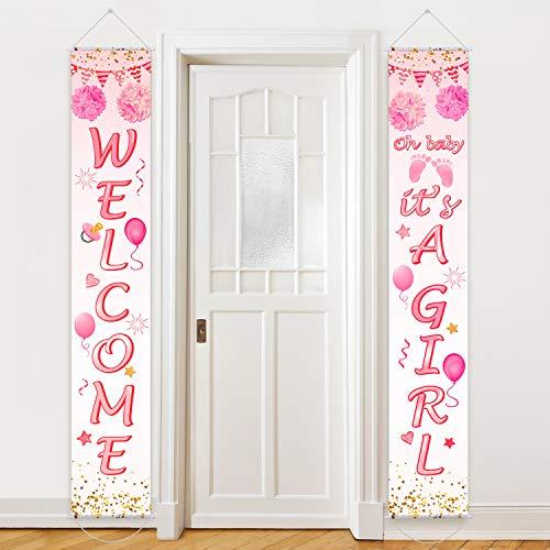 Blulu Baby Shower Decorations 71 x 12 Inch Welcome It Is a Girl Banner Backdrop Background Door Hanging Porch Sign for Baby Shower Gender Reveal Party Photo Prop Backdrop Supplies