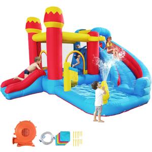 6-in-1 Bounce House Inflatable Water Slide for Kids, Toddler Park with Splash Pool, Indoor Backyard Safe Bouncy Castle, Climbing Wall, Trampoline, Water Cannon, Basket, Air Blower Included