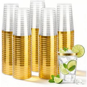 200 Pack Gold Plastic Cups, 12 Oz Clear Disposable Cups with Gold Rim, Heavy Duty Cups for Party, Wedding and Daily Use