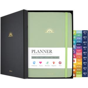 Undated Weekly & Monthly Planner, Life Organizer & Productivity Journal, Goals Setting & Time Management, Gift Box Included, A5 Hardcover Leather with Stickers (Light Green)