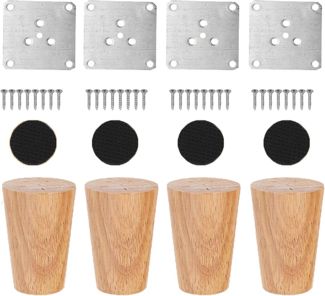 Set of 4 Nature Wood Furniture Leg, 3 Inch Round Sofa Feet Replacement Legs, Chair Bed Closet Cabinet Furniture Feet with Metal Mounting Plates,Screws, Floor Protector Pads for Table Couch
