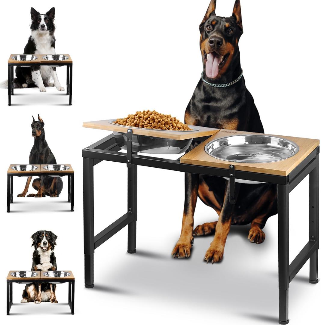 Elevated Dog Bowls Large Breed, 15"-20.5" H 4500ML Raised Dog Bowls for Large Extra Large Dogs, Bamboo Bowl Elevated with Stainless Steel Bowl, Metal Stand Adjustable Dogs Feeder (Black)