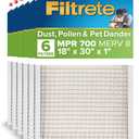 Filtrete 18x30x1 AC Furnace Air Filter, MPR 700, MERV 8, Tough on Pollen, Easy on Airflow, 3-Month Pleated 1-Inch Electrostatic Air Cleaning Filter, 6-Pack (Actual Size 17.81 x 29.81 x 0.81 in)