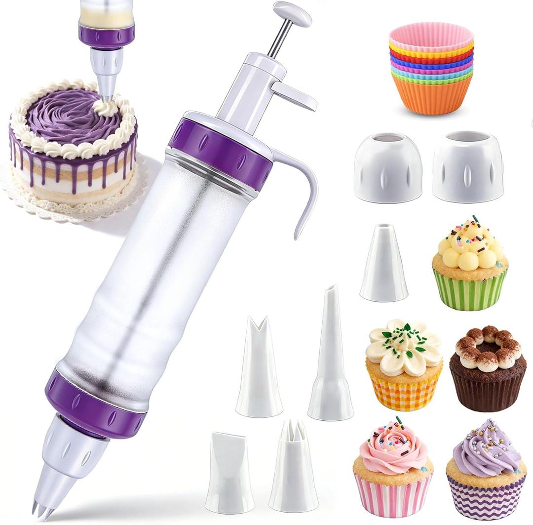 JAYVAR Dessert Decorating Syringe Set, Icing Dispenser Tool, Dessert Decorator Pro with 7 Icing Nozzles for Pushes Icing to Decorate Baked, Cake Decorating Gun for Frosting Cream to Make Cupcakes