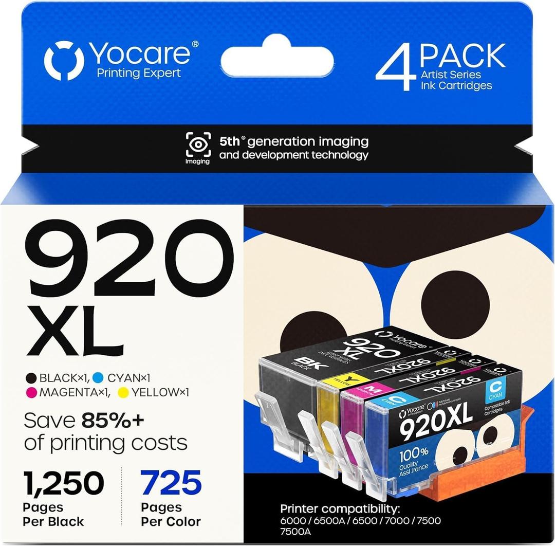 920XL 920 XL Ink Cartridges for HP920 for HP920XL |High Yield | Compatible with Officejet 6500A 6000 6500 7000 7500 7500A Printer (1 Black, 1 Cyan,1 Magenta,1 Yellow, 4-Pack)