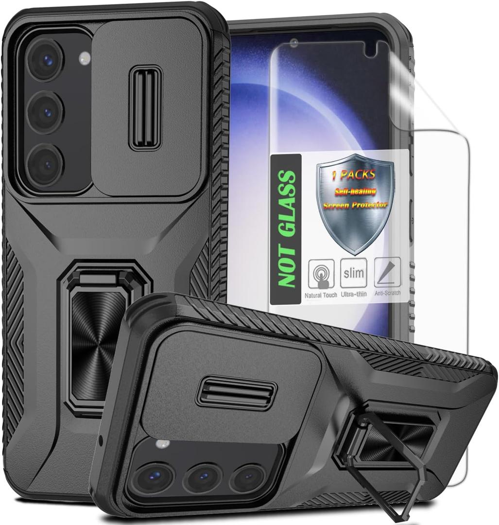 for S23+ Case,Galaxy S23 Plus Case with Sliding Camera Lens Cover, HD Screen Protector,360 Rotating Kickstand,AYMECL Military-Grade Shockproof Protective Cover for Samsung S23 Plus,Black