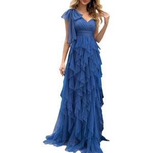 Summer Women Tulle Prom Dress Elegant Bow One Shoulder Slit Evening Party Gown Wedding Guest Bridesmaid Maxi Dress (XX-Large, #1 Haze Blue)
