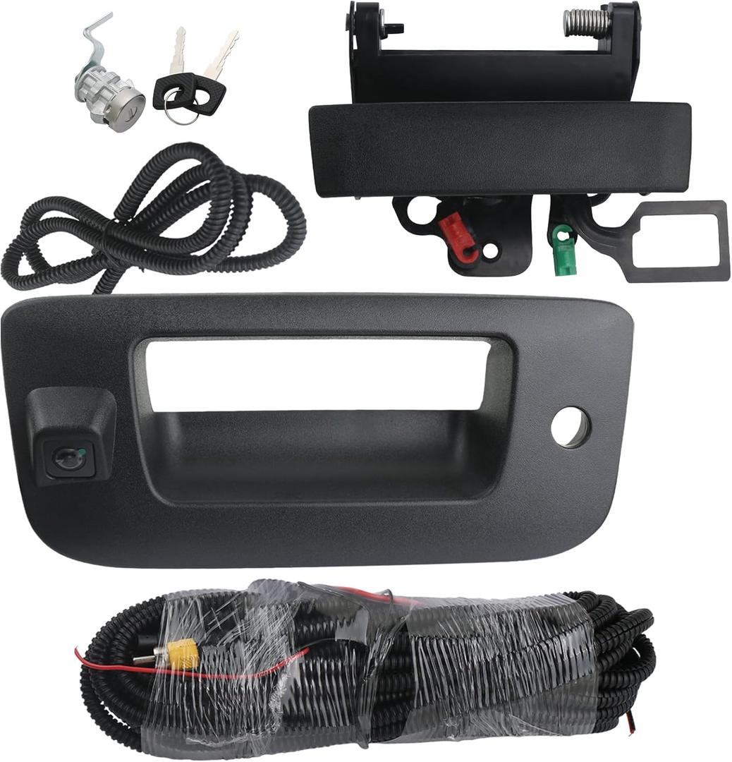 Backup Camera with Tailgate Handle & Bezel Trim & Lock Cylinder Compatible with 2007-2014 Chevrolet Chevy Silverado, GMC Sierra Truck 1500 2500 3500 Tailgate Parts (Black)