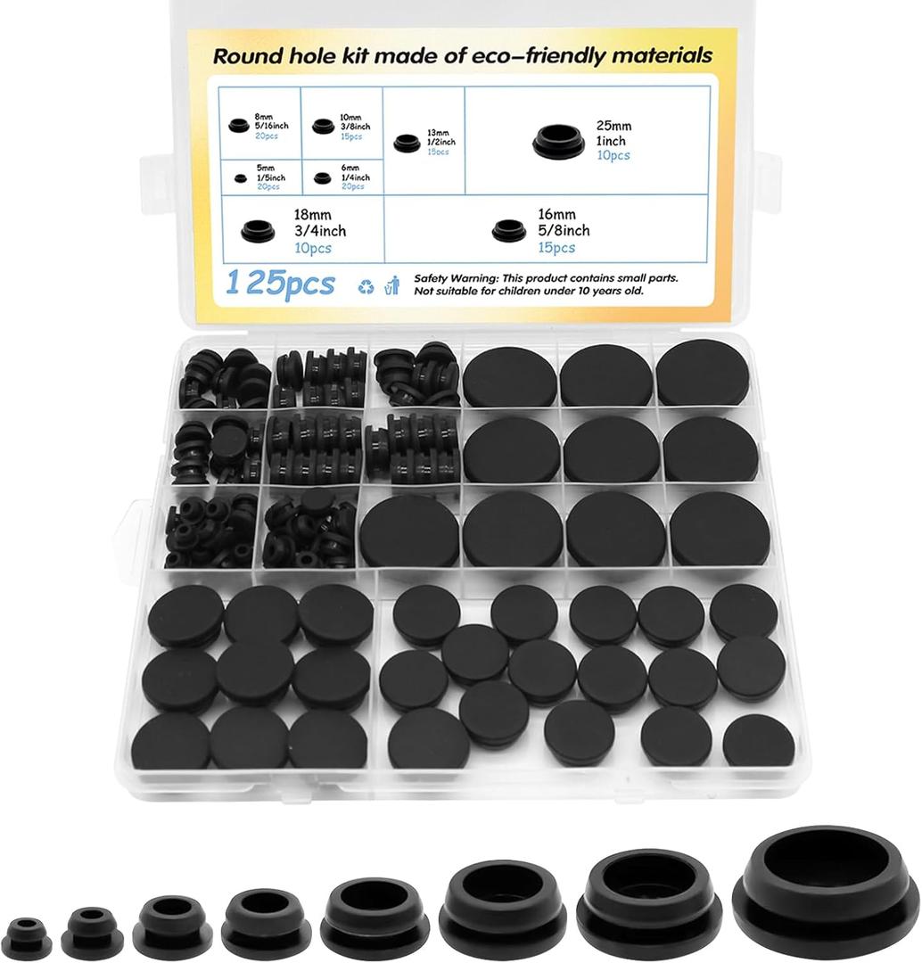 125Pcs Black Rubber Plug Box, Various Sizes of Round Hole Silicone Tool, Rubber Plugs for Round Holes, Silicone Plugs Suitable for Car Wiring Furniture