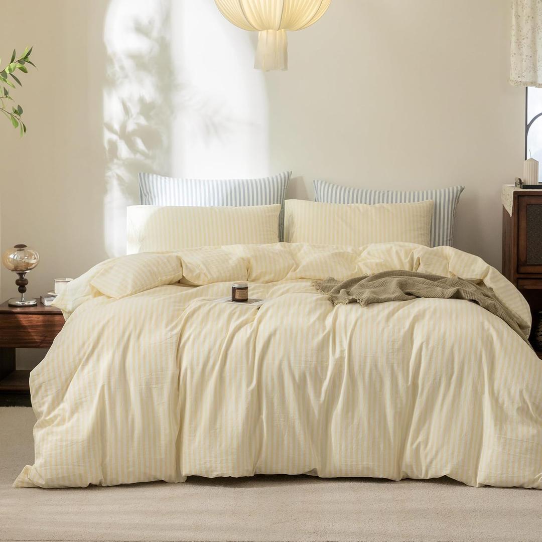 FOSSA Striped Duvet Cover Set 100% Washed Cotton Linen Feel Super Soft Breathable Cozy 3 Pieces Bedding Sets Pastel Yellow Classic Stripes Queen