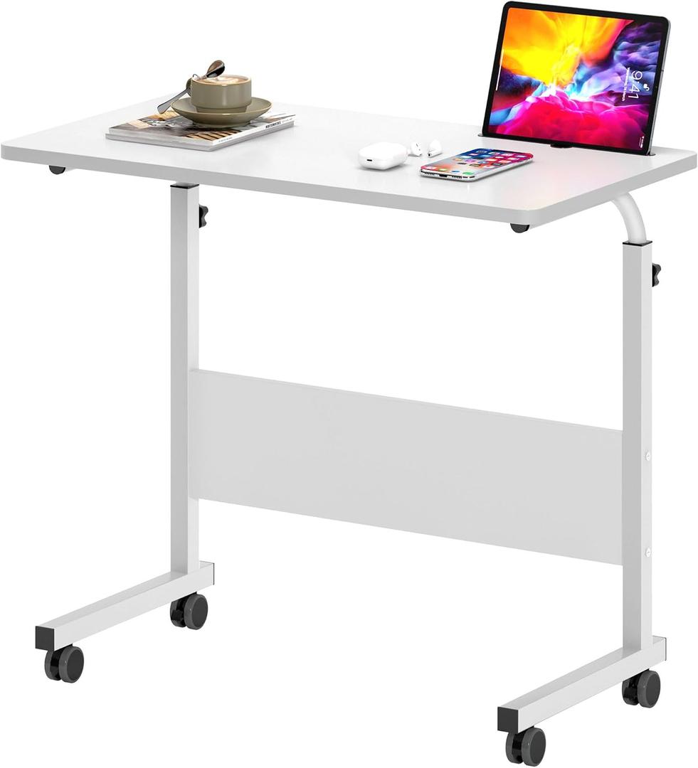 SogesFurniture Height-Adjustable Laptop Table, Computer Desk With Tablet Slot, 80 X 40 Cm, PC Table, Sofa Table, Care Table, Side Table With Wheels, White