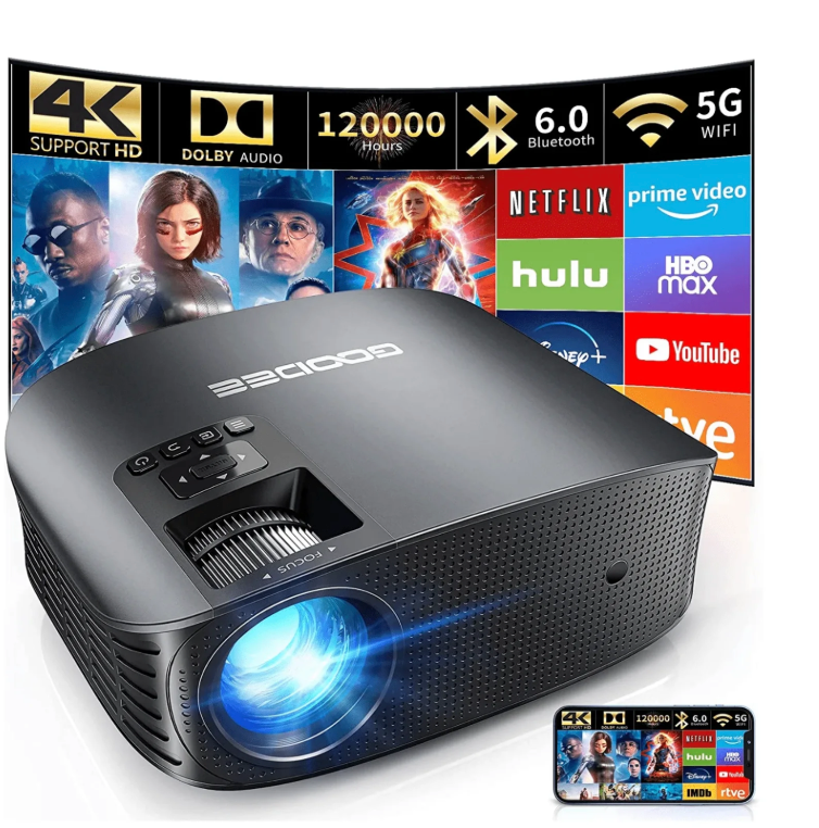 GooDee Projector 4K with WiFi and Bluetooth Supported, FHD 1080P Mini Projector for Outdoor Movies, 5G Video Projector for Home Theater Dolby Audio Zoom Portable Projector TV Stick PPT (YG600 Plus)