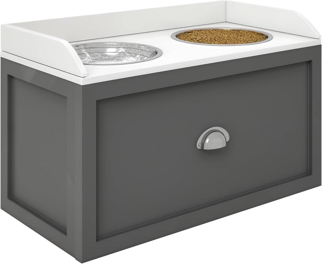 PawHut Feeding Station with Storage Drawer, Food Storage Cabinet with 2 Removable Elevated Bowls for Large Sized Dogs, Gray