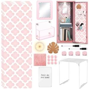 MotiMind 25 Pack Locker Accessories, First Day of School Essentials with Locker Shelf, Wallpaper, Mirror, LED Wireless Light, Pen Holder, Acrylic Magnetic Dry Erase Board, Rug(Flower,Pink)