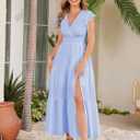 Summer Split Tiered Dress - A-Line Flowy Tiered Maxi Dress : 2025 Causal Wrap V Neck Ruffle Sleeve Beach Sundress(Blue) (Blue)