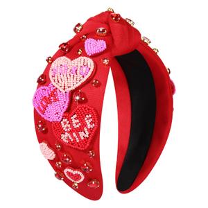 Valentine's Day Headbands for Women Rhinestone Beaded Heart Headband Pink Red Crystal Knotted Headband Valentine's Day Hair Accessories Party Decor Gifts (Beaded Heart A)