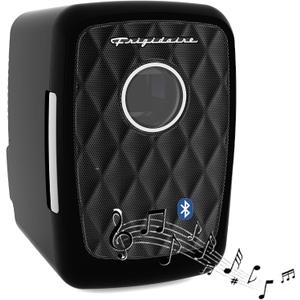 Frigidaire Mini Portable Compact Personal Fridge Cooler, 4 Liter Capacity Chills Six 12 oz Cans, Includes Plugs for Home Outlet & 12V Car Charger - BLACK, BUILT IN BLUETOOTH SPEAKER 