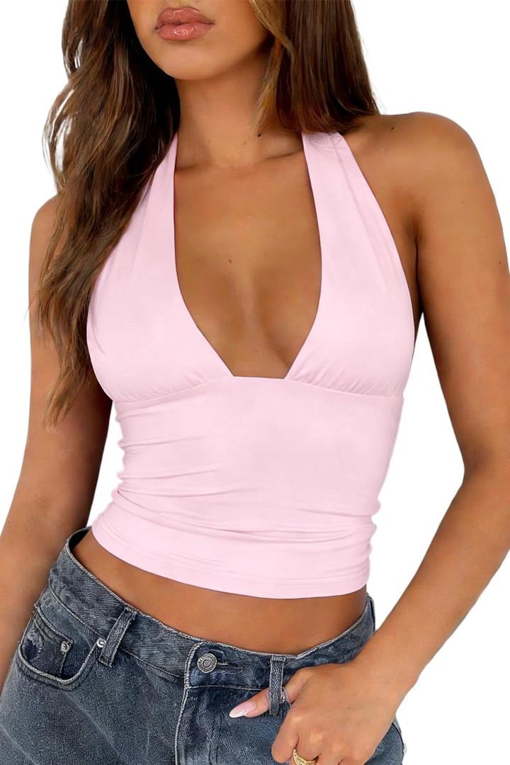 TiulZial Sexy Halter Tops for Women - Going Out Deep V Tank Top Backless Cute Summer Trendy Crop (Pink, S)