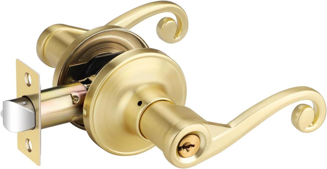 1 Pack Gold Door Handle, Entry Door Handles with Keys in Satin Brass Finish, Keyed Alike Interior Door Levers for Living or Bedroom, Wave Style Lever for Right Hand