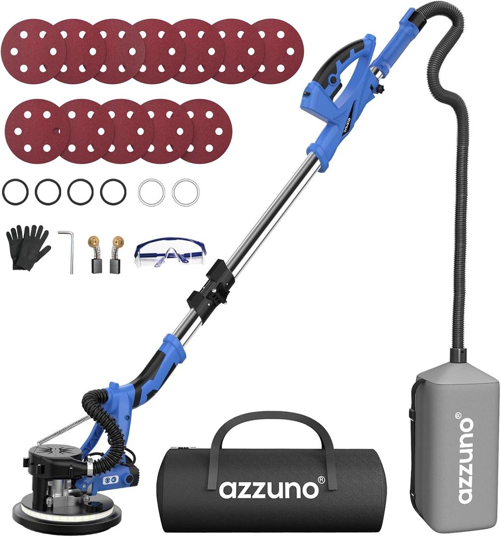 AZZUNO Drywall Sander, 12A Popcorn Ceiling Removal Tool, 5-Speed 800-1900RPM Drywall Sander with Vacuum Dust Collector, LED Light & 12pcs Discs, Foldable/Extendable Handle (Sky Blue)