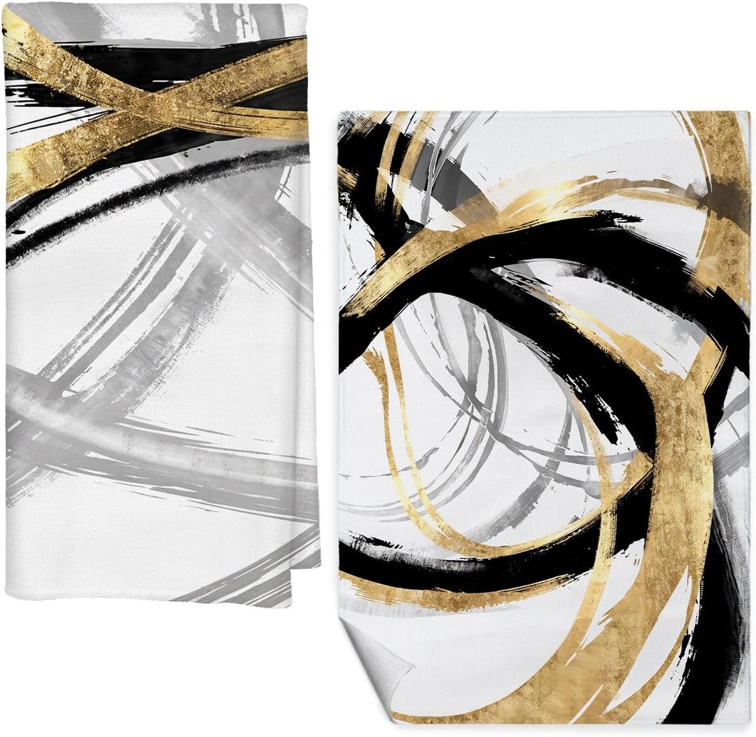 Black and Gold Kitchen Decor Towels Set of 2, Black Gold and White Bathroom Decorative Dish Tea Towels for Kitchen, Contemporary Decor Hand Towels for Bathroom, 16x24 Inch