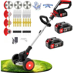 Electric Weed Wacker with Wheels Cordless Weed Eater Battery Powered，21V String Trimmer with Blades, 3-in-1 Grass Trimmer/Lawn Edger/Brush Cutter, Weed Trimmer Battery Operated for Garden &Yard, 35-47 inches