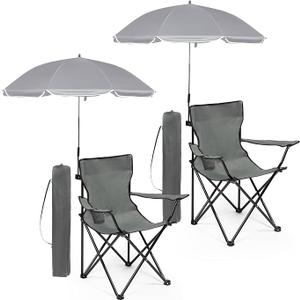 Anglechic 2 Pack Beach Umbrella Chairs Folding Camping Portable Beach Chairs with Canopy Shade Adults with Cup Holder and Carrying Bag for Camping Hiking Travel Picnic Outdoor Events (Grey)