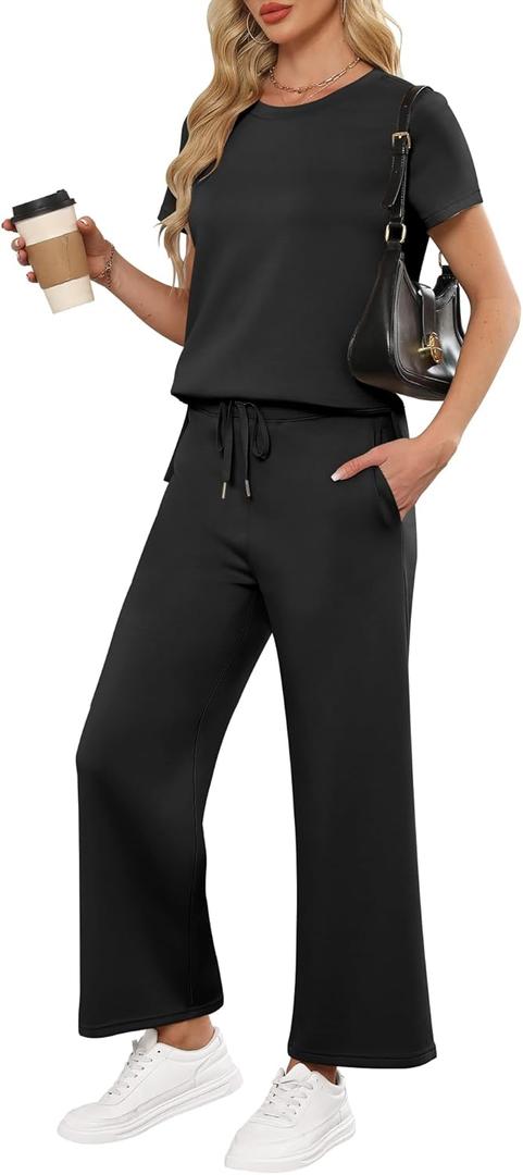ANRABESS Women 2 Piece Lounge Sets Summer Travel Sweat Outfits Short Sleeve Wide Leg Casual Matching Tracksuits Clothes (Medium, Black)