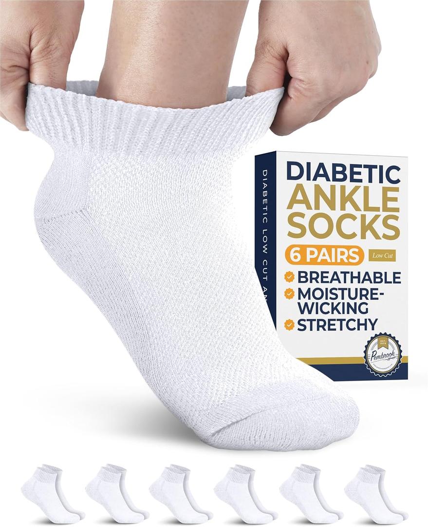 Pembrook Ankle Diabetic Socks for Women and Men - 6 Pairs | Low Cut Neuropathy Socks for Women | Smooth Toe Seams (Large)