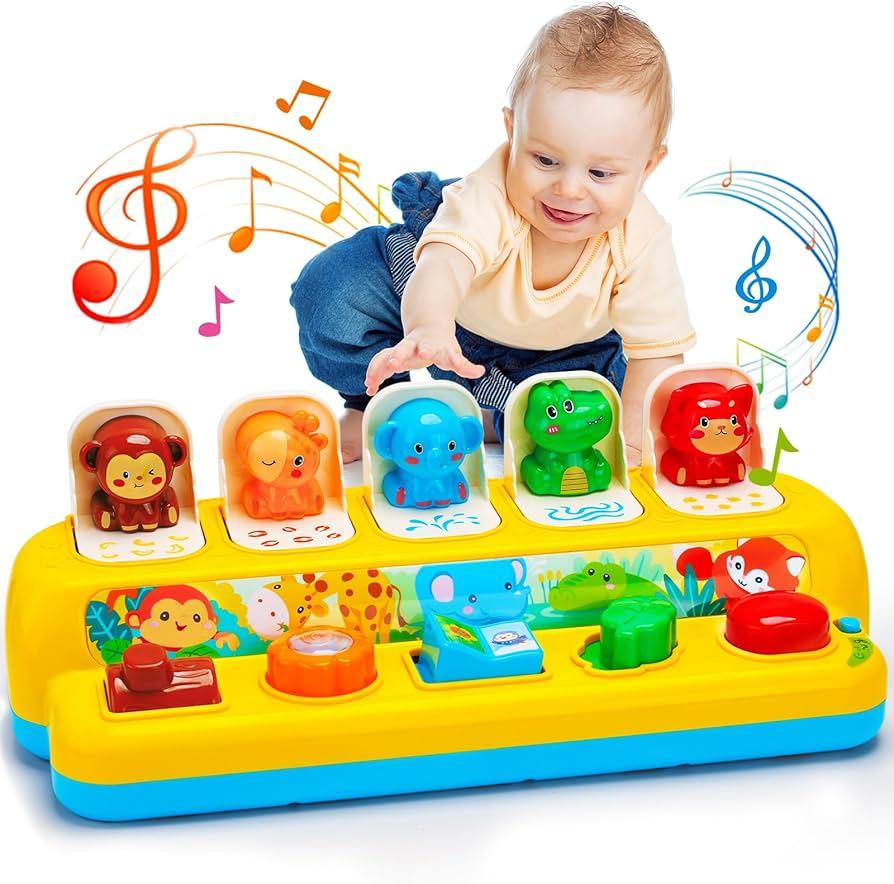 Interactive Pop up Animal Toys with Music & Light, Montessori Cause and Effect Toys for 1 Year Old Boy Girl Early Learning Musical Baby Toy 91218 Months STEM Toddler Toy Age 12 Gift for Infant