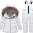 SANMIO Toddler Snowsuit Boy Girl Winter Coat Snow Pants Set, Hooded Down Jacket + Bib Pants Kids Windproof Skiing Suit (3-4T, White)