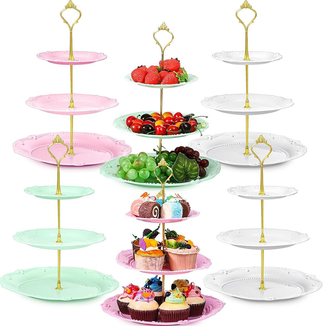 6 Sets Tea Party Decorations of 3 Tier Plastic Cupcake Stand Dessert Plates Cake Fruit Candy Display Tower for Wedding Birthday Baby Shower Tea Party Decorations (Round)