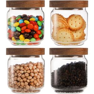 Bekith 4 Pack 15 FL OZ (450ml) Glass Food Storage Jar with Acacia Lids, Airtight Sealed Clear Glass Canisters, Kitchen Food Storage Container for Serving Tea, Coffee Beans, Nuts, Spice, Sugar
