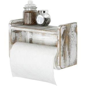 MyGift Farmhouse Paper Towel Holder, Shabby Whitewashed Wood Farmhouse Wall Mounted Kitchen Napkin Dispenser Rack with Top Storage Shelf Spice Racks