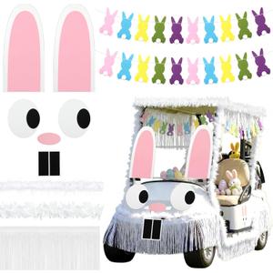 Moucuny 12 Pcs Easter Bunny Golf Cart Decoration Kit 1 Set Giant Felt Rabbit Model 3 Silver Thread Felt Strip 2 Curved Rain Curtain 2 White Felts Strip 2 Easter Bunny Banners for Golf Cart Accessories