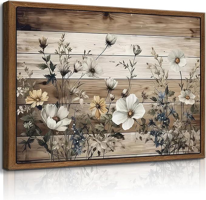 Framed Vintage Floral Wall Art Rustic Flowers Wall Decor Farmhouse Canvas Poster Picture for Home Wall Decor, Living Room and Bedroom Decor 24x36in