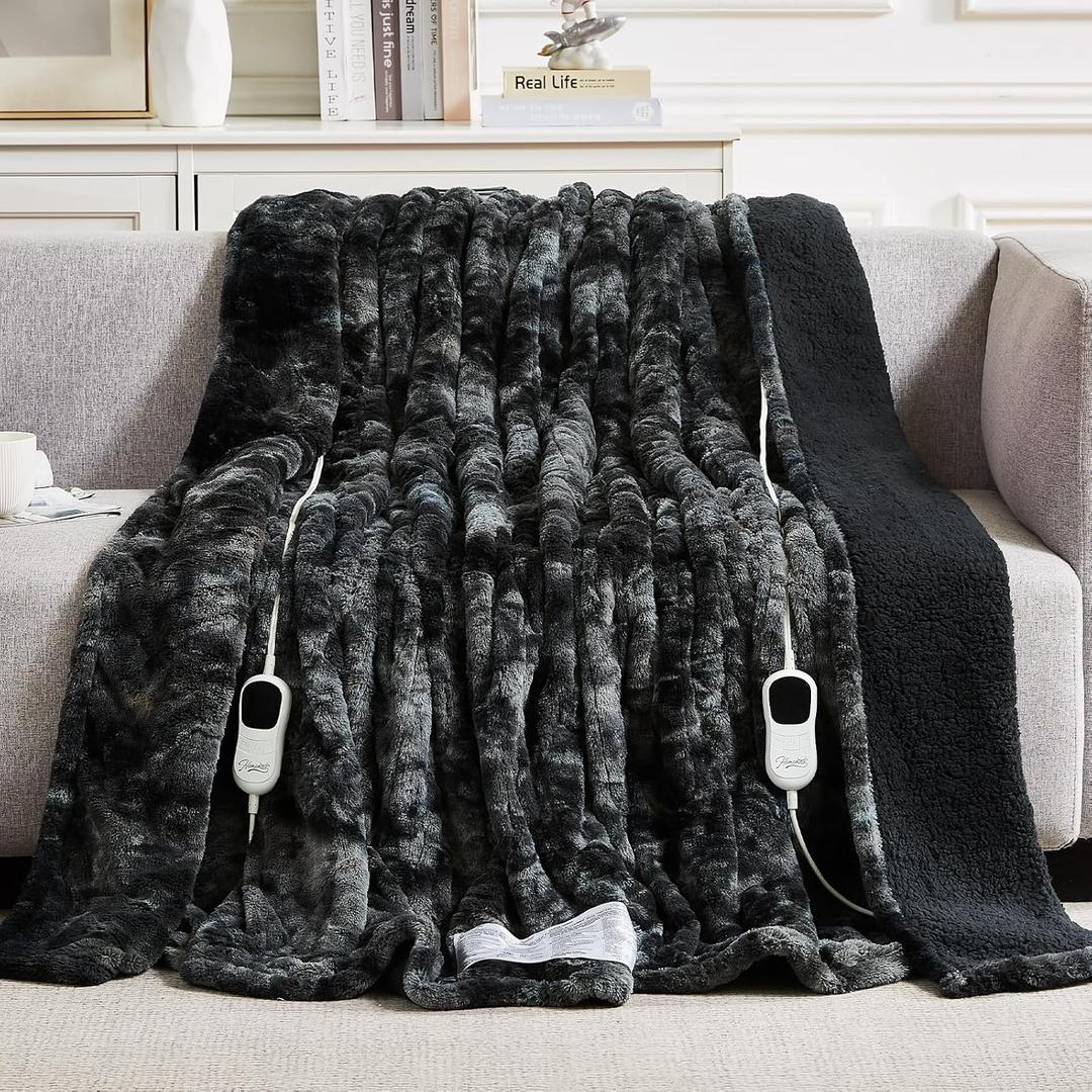 Homemate Electric Heated Blanket Queen Size - 84"x90" Heating Blanket Queen Size Dual Control 1/2/4/6/8 Hours Auto-Off 10 Heat Level Over-Heat Protection Luxury Faux Fur Sherpa ETL Certification