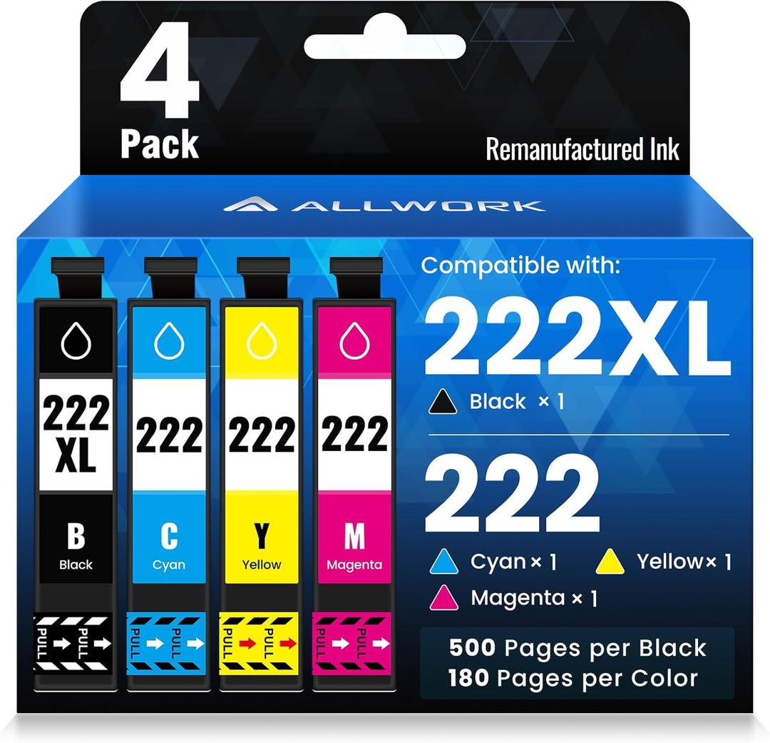 ALLWORK 222XL 222 Remanufactured Ink Cartridges Replacement for Epson 222 T222XL 222XL T222 T222120 T222220 T222320 T222420 Works with Epson Expression Home XP-5200 Workforce WF-2960 Series Printer