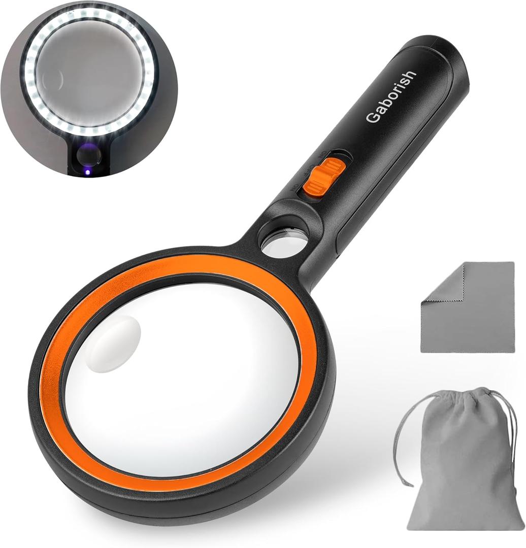 Magnifying Glass with 30 LED Lights, 10X 20X 45X Handheld Illuminated Lighted Magnifier with 1UV Light for Seniors Reading, Inspection, Coins, Jewelry, Exploring Light Magnifying Glass (Orange)