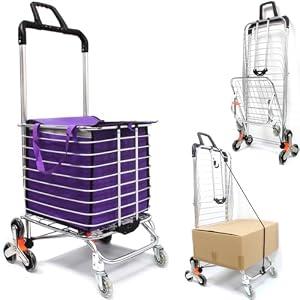 Stair Climbing Collapsible Shopping Carts for Groceries and Hand Truck 2-in-1, Lightweight Utility Cart with Waterproof Liner Basket, Elastic Cord for Luggage, Camping, Transport, 60L