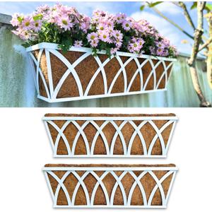 LaLaGreen Wall Planter (24 Inch, 2 Pack) White Metal Rectangular Hanging Flower Box Window Boxes Planters with Coco Liner Attach House Outdoor, Farmhouse Plant Holder Deck Railing Patio Balcony Fence