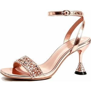Women's Sparkling Rhinestone Ankle Strap Heeled Sandals Purple Metallic Square Open Toe Mid-Heel Dress Sandal for prom Shining Heels, Size 9.5