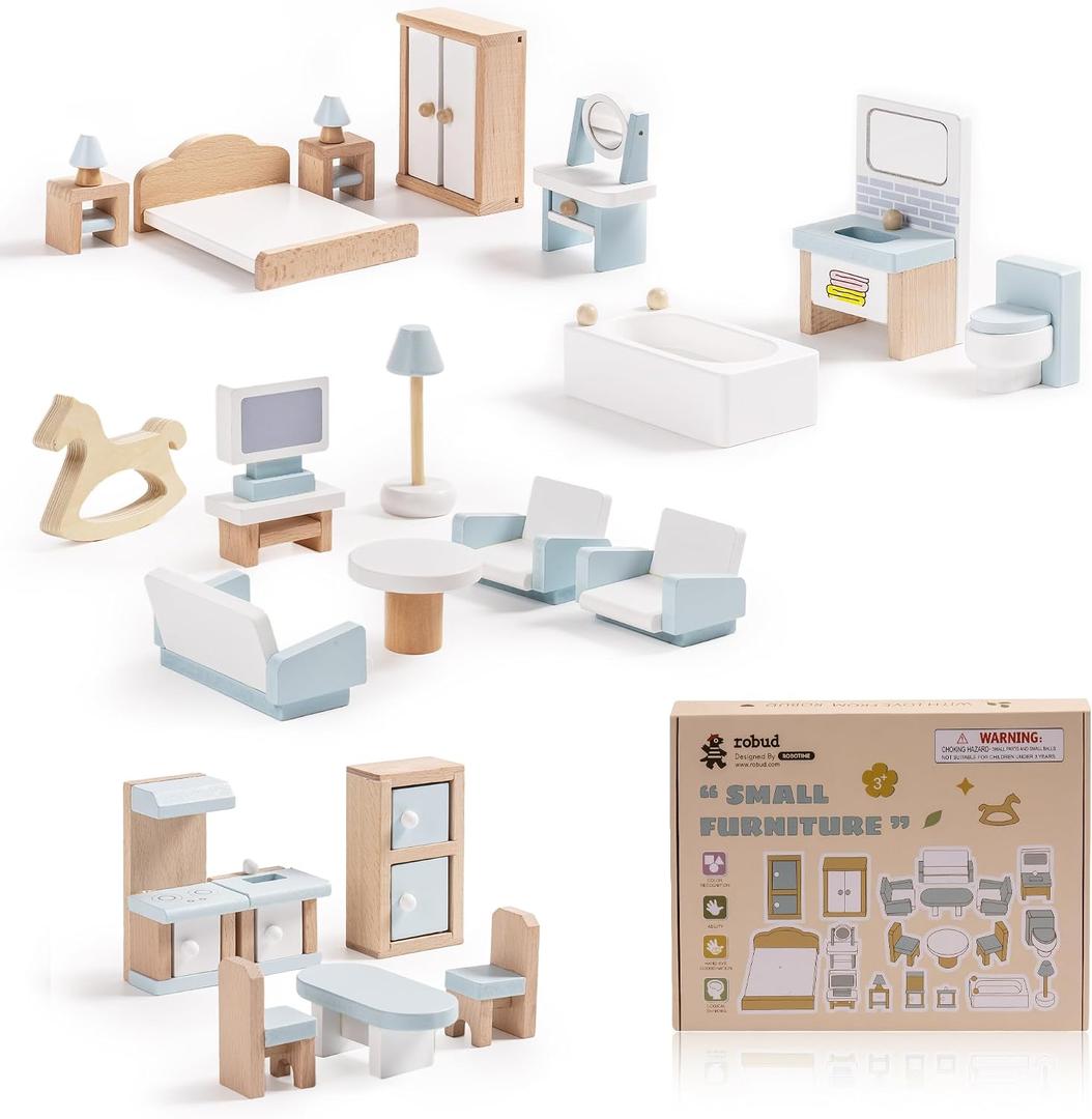 ROBUD Wooden Dollhouse Furniture Set, 23 Pcs Dollhouse Accessories, Miniature Furniture Including 5 Room Kits, Dollhouse Furniture Pretend Play Toys for Boys, Girls & Toddlers, 3+, Small