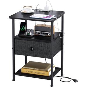 Nightstand with Charging Station, Bedside Table with Round Corner Design, Night Stand with Adjustable Fabric Drawer, Side Table End Table for Bedroom, Living Room NEF-NS-BK-1 (Black+black)