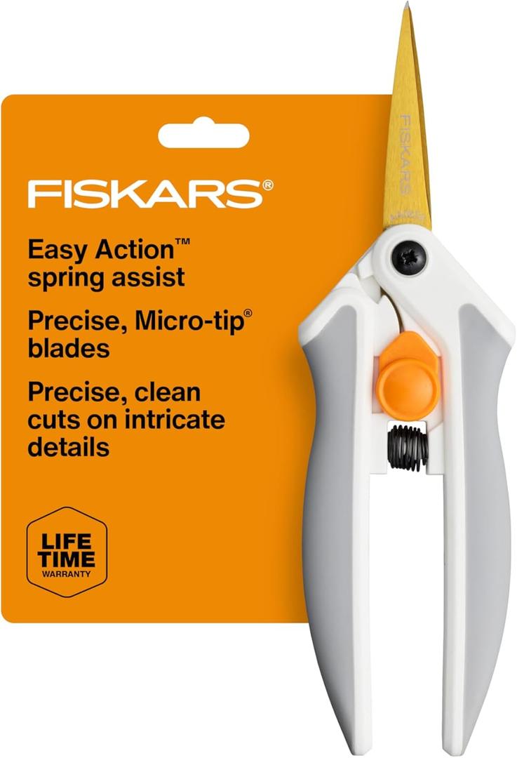 Fiskars Easy Action Micro-Tip Titanium Scissors, Sharp Blades for Cutting Precision and Angles with Easy Action Spring Design, Crafting Supplies, SoftGrip Assisted Handle
